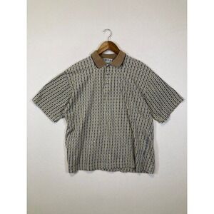 Untied Polo‎ Shirt Mens XL Tan Blue Geometric Stripe Cotton Short Sleeve